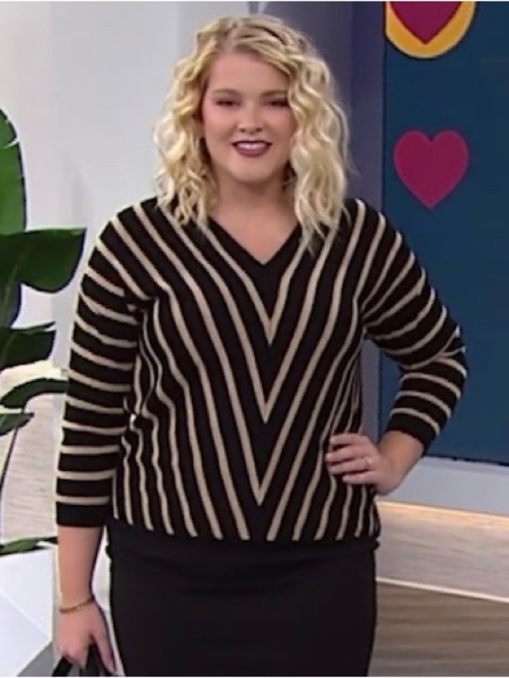 Vanessa Williams (1X) Black Gold Shimmer Striped V-Neck Sweater Soft Comfort NWT